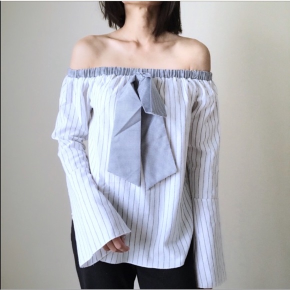 MANGO MNG POPLIN Off Shoulder Top- Gray White - Picture 5 of 5